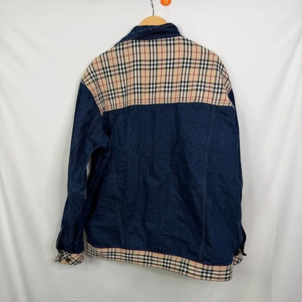 Y2K The Hip-hop Elements T.H.E. Denim Trucker Jacket Plaid Nova Check Mens‎ XL